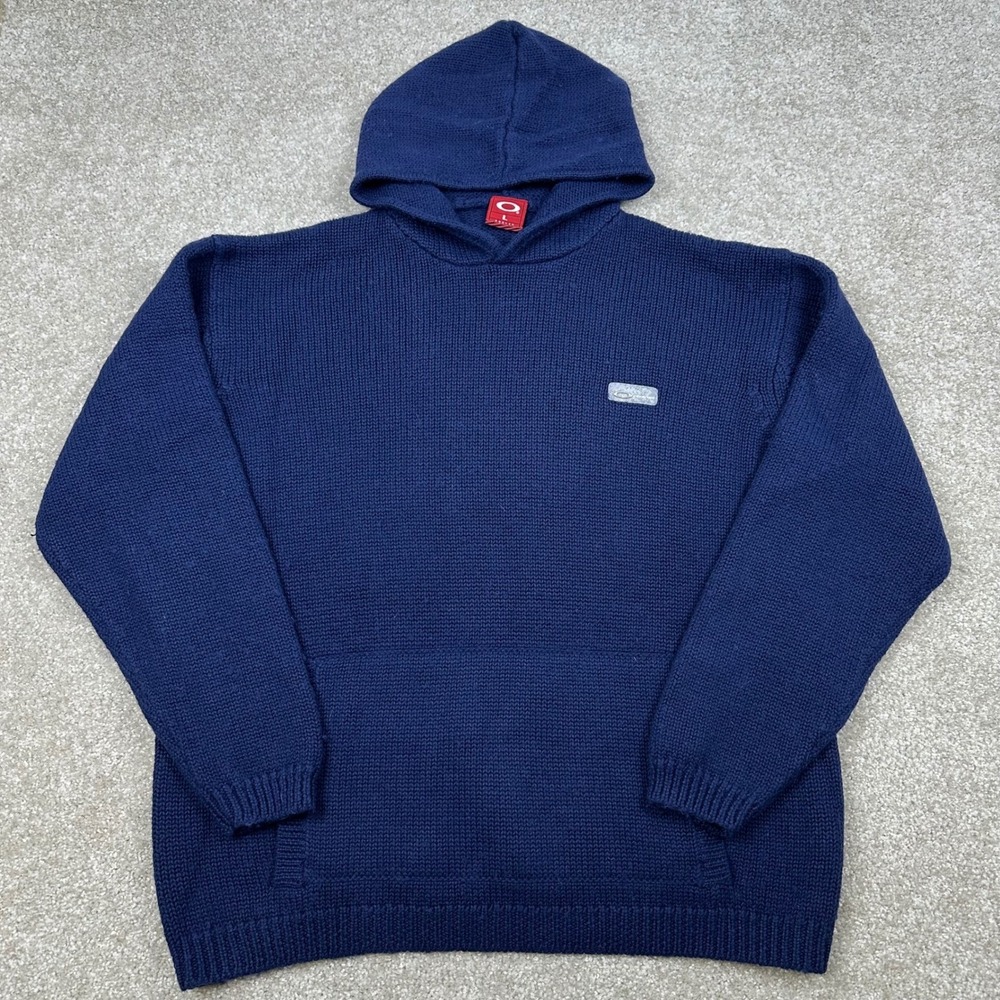 Vintage Oakley Mens Heavy Knit Sweater Hoodie Navy Blue Logo Patch‎ Pocket Large